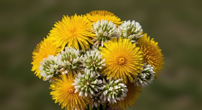 A closeup bouquet of bright yellow dandelions and white clover flowers against a blurred green background
