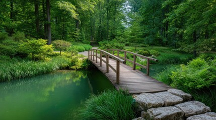 Naklejka premium Serene Wooden Bridge Over Still Waters Surrounded by Lush Greenery in a Peaceful Forest Setting, Perfect for Nature and Tranquility Themes