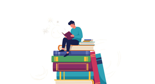 A young person sits atop a stack of books reading attentively.