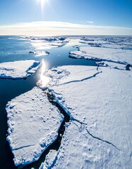 Obraz premium Aerial view of a vast ice expanse, featuring fractured ice floes and open water under a bright sun. A distant horizon merges with a clear, blue sky