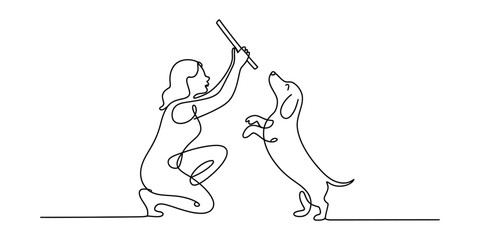 Pet owner playing with dog, minimal continuous line drawing style.