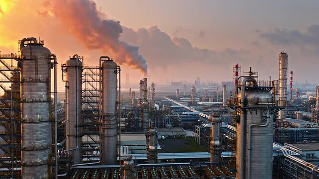 Aerial shot of large oil refinery chemical plant with smoking chimneys during golden sunset in industrial area