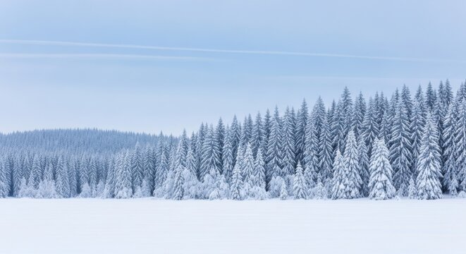 A serene winter landscape featuring a dense forest of snowcovered pine trees under a pale blue sky