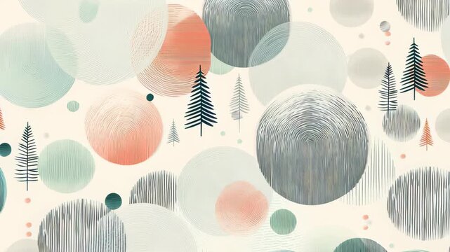 A painting of a forest with trees and circles. The circles are of different sizes and colors. The painting is on a white background. Frosted minimal holiday scene abstract pattern