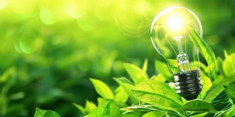 Light Bulb Growing in Green Leaves: Sustainable Energy Concept