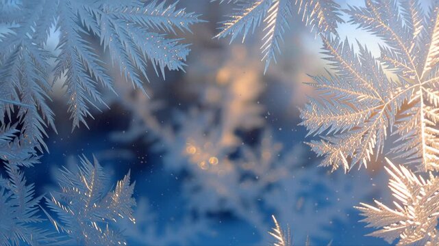 A window with frost on it. The frost is in the shape of a leaf. The window is blue. Frosted window abstract, white christmas gentle light through ice crystals