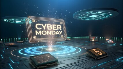 Cyber monday promotional design featuring glowing text, circuit boards, and futuristic elements, ideal for advertising sales and technology deals