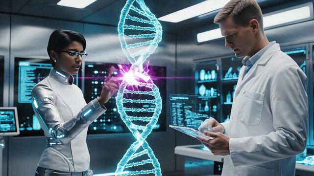 Strands of DNA are visualized in 3D holographic projections, doctors pointing as genes light up with color-coded mutations linked to disease