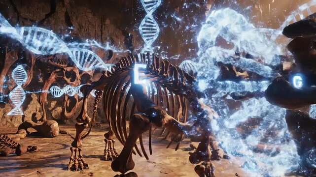 An ancient fossil chamber where holograms of reconstructed DNA sequences float above bones, revealing the evolutionary link between species