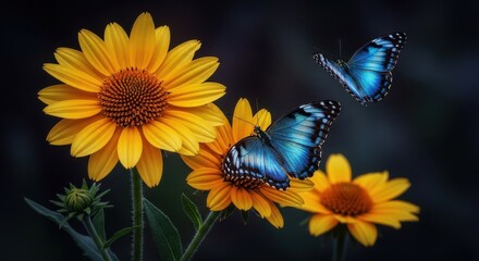 Two vibrant blue butterflies alight on bright yellow sunflowers in a garden setting with a dark blurred background