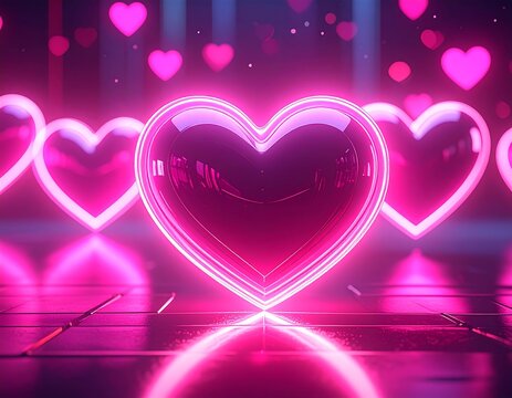 A vibrant, neon-lit scene with glowing hearts, reflecting on a glossy surface. The hearts pulsate against a dark backdrop