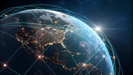 A network of connections spans across the earth, symbolizing global communication and data exchange, highlighting the importance of technology in the modern world
