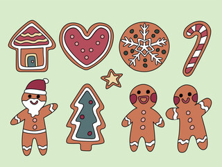 Ginger bread flat vector illustration collection. Christmas cookies hand drawn doodle set.