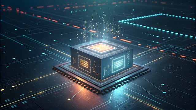 A futuristic central processing unit cpu on a circuit board, glowing with neon lights and digital particles, symbolizing advanced technology and computing power