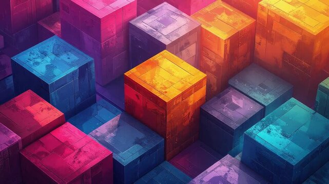 Colorful geometric blocks rising and falling in a 3D animation loop. Endless abstract data, blockchain, and secure technology layering concept.