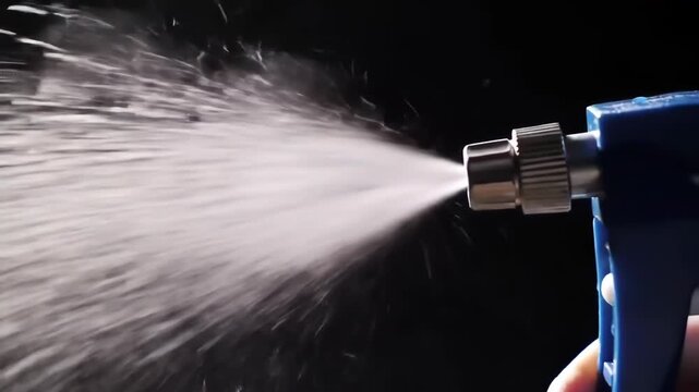 Close-up of nozzle spraying mist on black background, for hydration, cleaning, or other uses