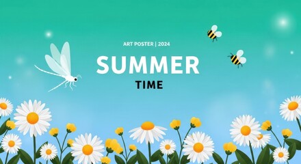 Summer time with blooming daisies, green grass, and flying bees and dragonfly on a turquoise sky background