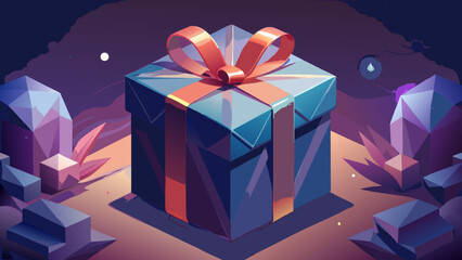 Isometric gift box with ribbon in a fantasy landscape