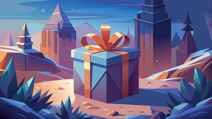 A gift box in a stylized landscape with buildings