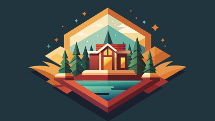 Illustration of a cabin in the woods by a lake at night