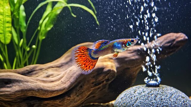 Colorful male guppy swimming in freshwater aquarium with green plants and stones