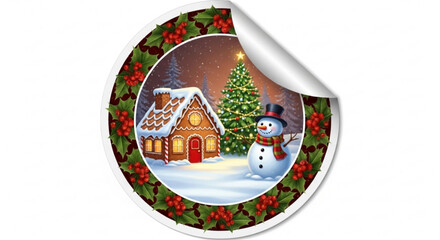 Christmas sticker featuring a gingerbread house, snowman, and christmas tree isolated on, perfect for holiday decorations and greetings
