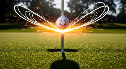 Golf ball flying into cup with sparks of motion. Use for victory celebration sports branding motivational posters and life design 47840979 1