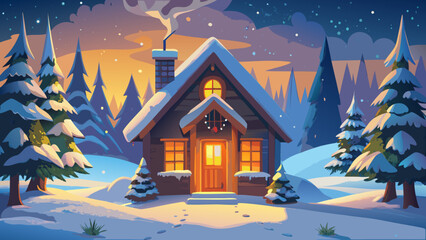 A snowy cabin scene with christmas trees at twilight
