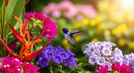 A hummingbird hovers near vibrant pink and purple flowers in a sundrenched garden, capturing the essence of natures beauty