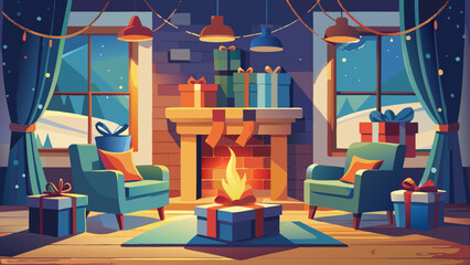 A cozy christmas living room with gifts and fireplace