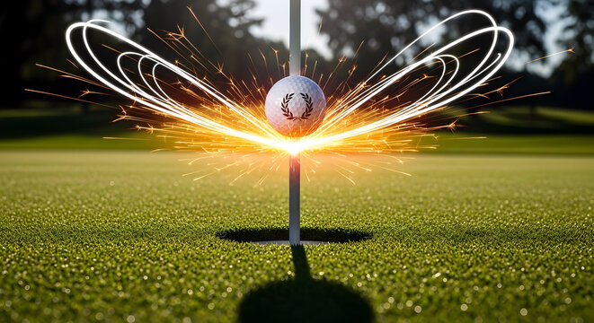 Golf ball flying into cup with sparks of motion. Use for victory celebration sports branding motivational posters and life design 47840979 1