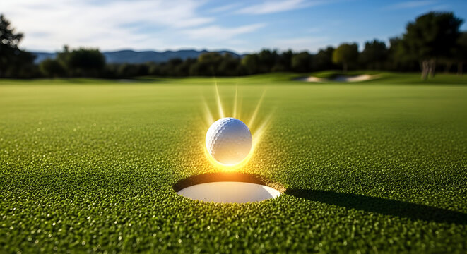 Golf ball descending into hole with golden glow. Use for luxury branding sports design editorial features and corporate presentations 38873031 1