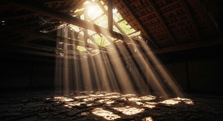 Obraz premium Sunlight beams through a dilapidated attic roof casting dramatic rays on the dusty floor.