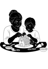Grandmother and Grandchild Decorating a Gingerbread House Together.