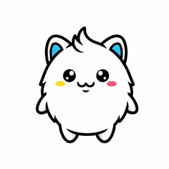Cute fluffy white cartoon monster character with blue ears.