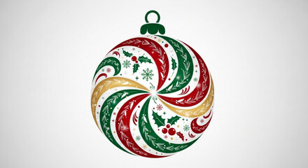 A colorful christmas ornament with swirling patterns of red, green, and gold, adorned with holly leaves and snowflakes, isolated on