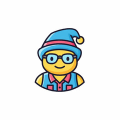 Cheerful cartoon character wearing glasses and a blue hat with a yellow face.
