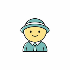 Smiling cartoon man avatar wearing a blue hat and tie.