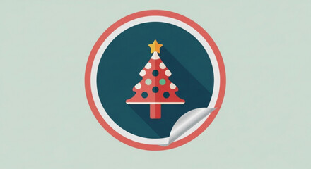 A festive sticker featuring a stylized christmas tree with red and white ornaments, topped with a golden star, set against a dark blue circle and red border