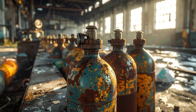 Rusty gas cylinders in an abandoned factory
