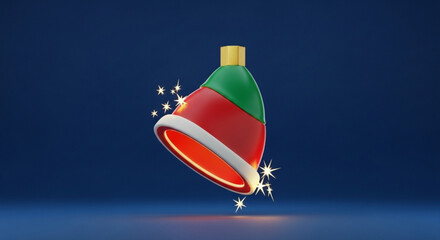 A festive 3d rendering of a christmas bell ornament, featuring red, green, and white stripes, sparkling against a deep blue backdrop, evoking holiday cheer