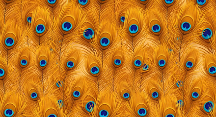Golden orange peacock feather seamless pattern with blue eye highlights on warm background for elegant wallpaper and surface design 71158390 1