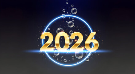 Gold 2026 numerals glowing within a neon border and sparkling bubbles. Excellent for New Years advertising poster design online banners and upscale party promotions 22815171 1
