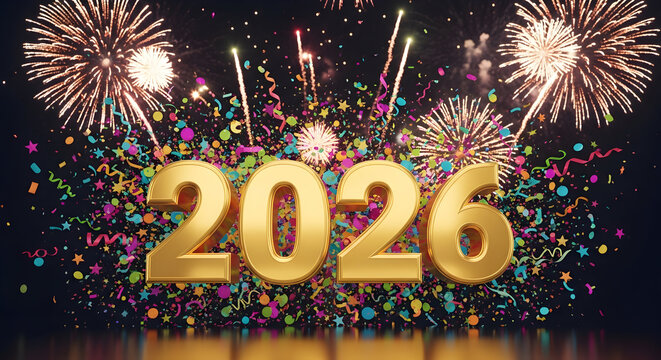 Gold 2026 typography surrounded by colorful confetti and glowing fireworks. Ideal for party flyers event marketing digital banners and social media promotions 32728097 1