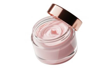 A jar of pink cream with its lid open isolated on transparent background