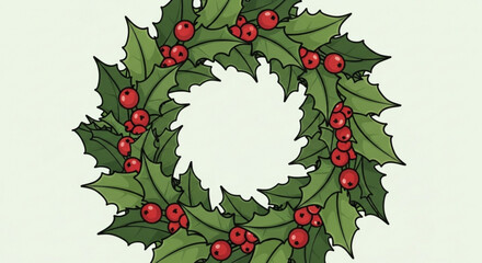 A festive christmas wreath made of holly leaves and red berries, perfect for holiday decorations and seasonal greetings isolated on