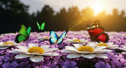 Beautiful butterflies fluttering over a field of purple flowers during a golden sunset