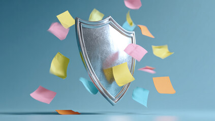 Silver shield protects from flying sticky notes against light blue backdrop, symbolizing data protection and information security in a modern, clean style.