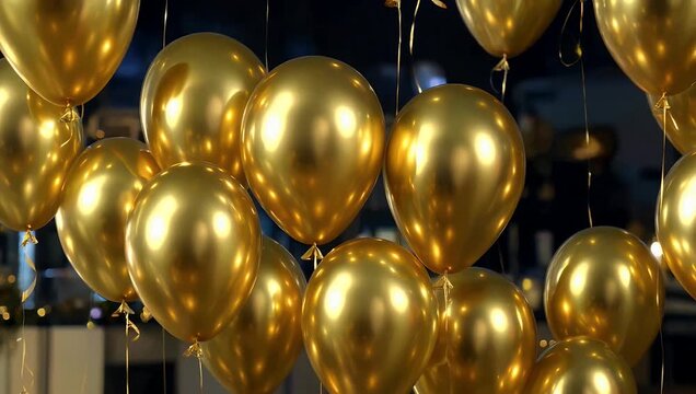 Elegant celebratory ultra high definition 4K stock video featuring oversized shimmering golden hued balloon numbers forming 2026 brilliantly reflecting golden light symbolizing festive elegance