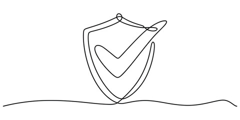 Shield with checkmark icon in continuous line art drawing style.